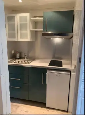 a kitchen with green cabinets and a stove top oven at Grand studio centre Cannes in Cannes